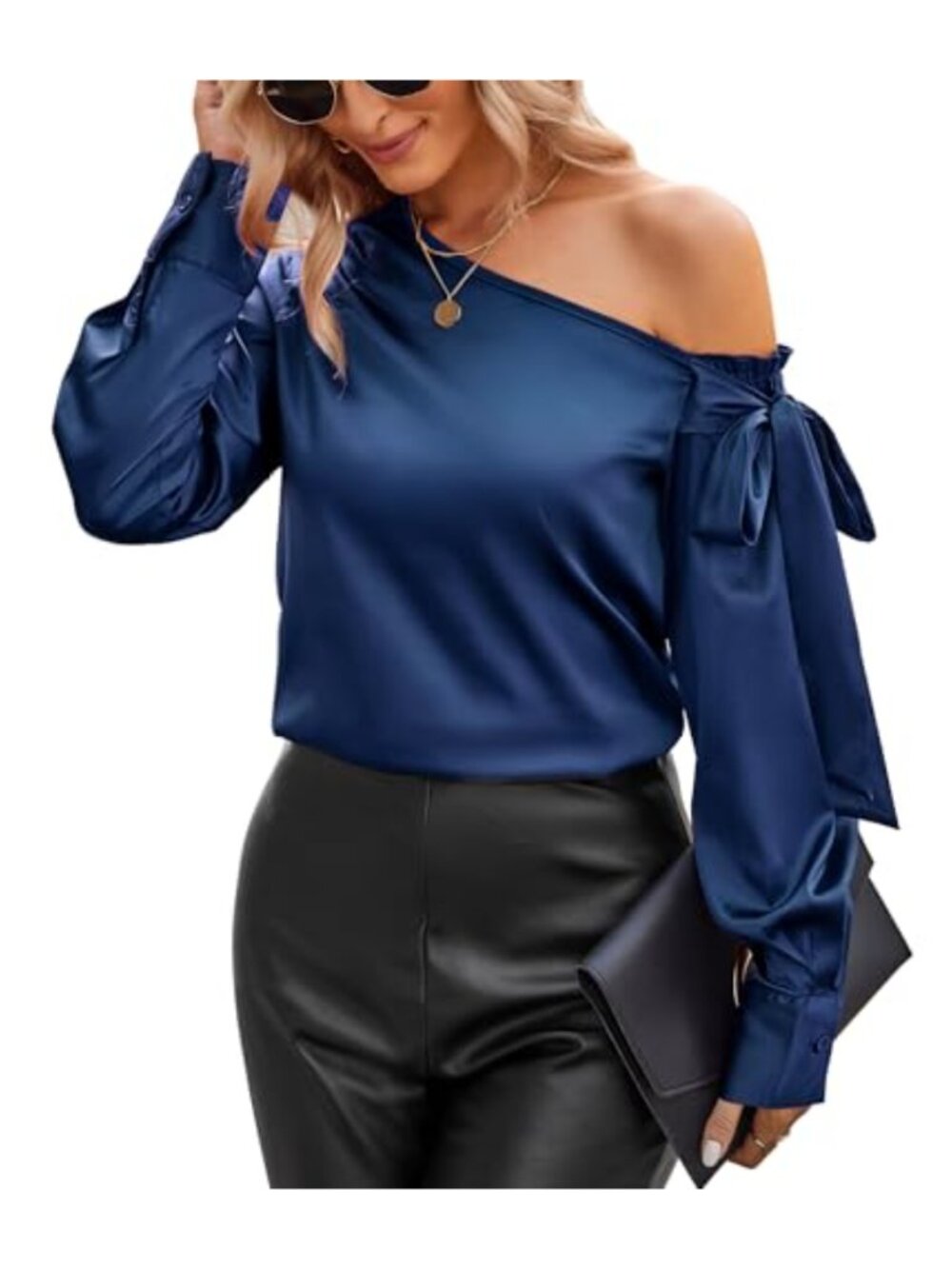 Womens Satin Off Shoulder Blouse Long Sleeve Bow Tie Office Tunic Top